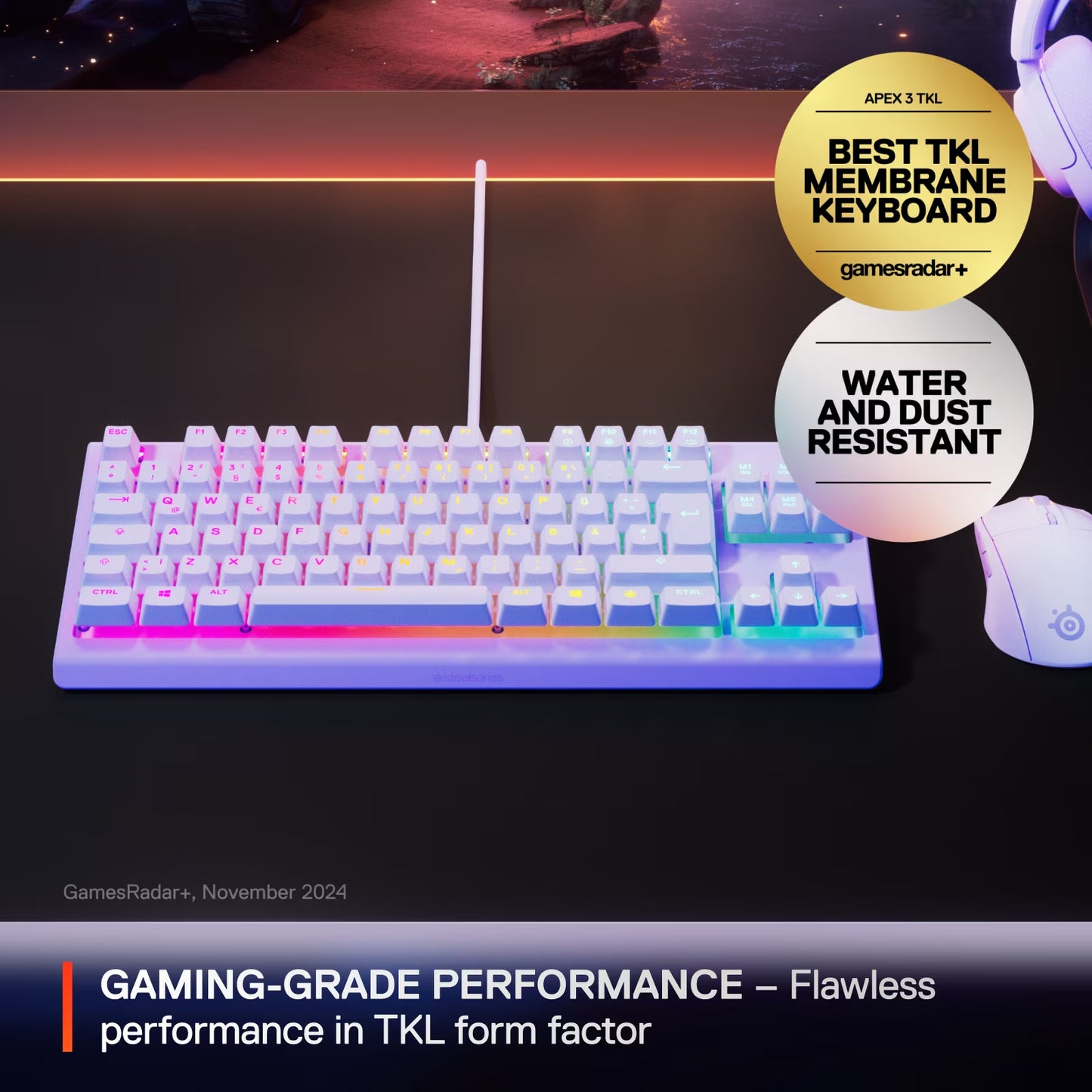 Apex 3 TKL Gaming Keyboard - Tenkeyless, RGB, Water & Dust Resistant - 8-Zone RGB Illumination — Whisper-Quiet Gaming Switch - Lavender