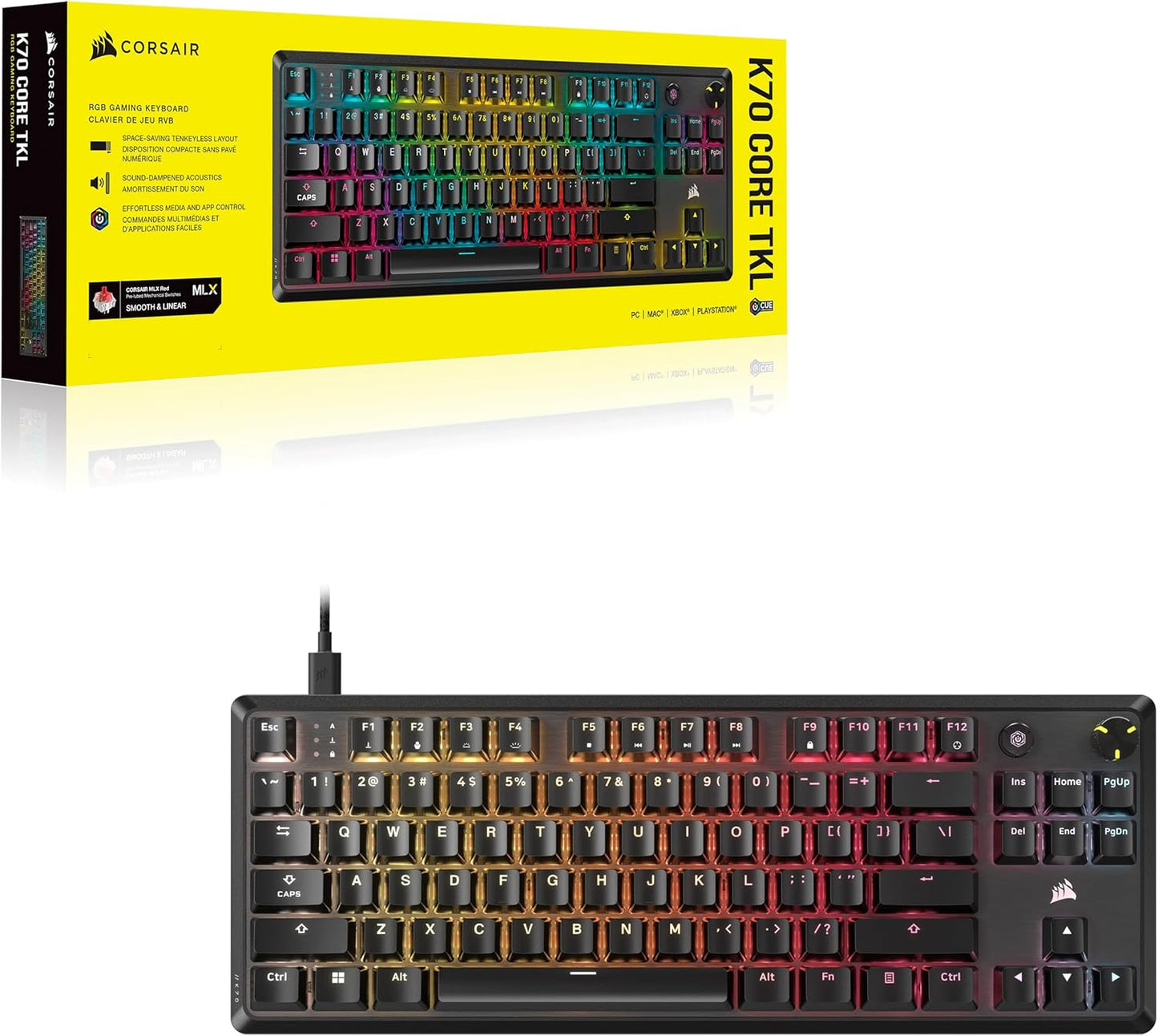 Corsair K70 CORE TKL RGB Tenkeyless Mechanical Wired Gaming Keyboard – Pre-Lubed MLX Red V2 Linear Switches, SOCD, ABS Double-Shot Keycaps, Sound Dampening, 1000Hz Polling, QWERTY NA – Black