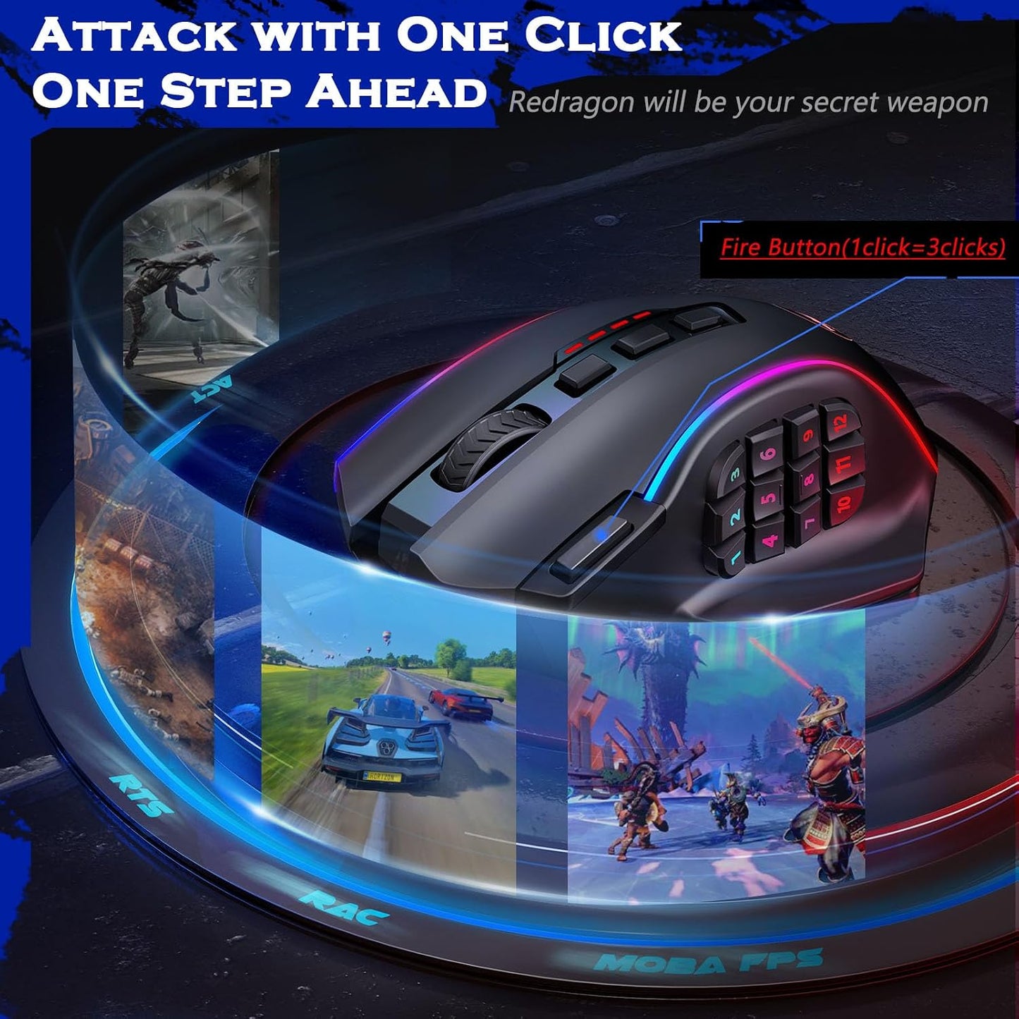 Wireless Gaming Mouse, MMO Gaming Mouse up 16,000 DPI, 16 Macro Programmable Buttons, RGB Rechargeable with 12 Side Buttons, 70Hrs for PC Laptop MOBA FPS, M901P-KS