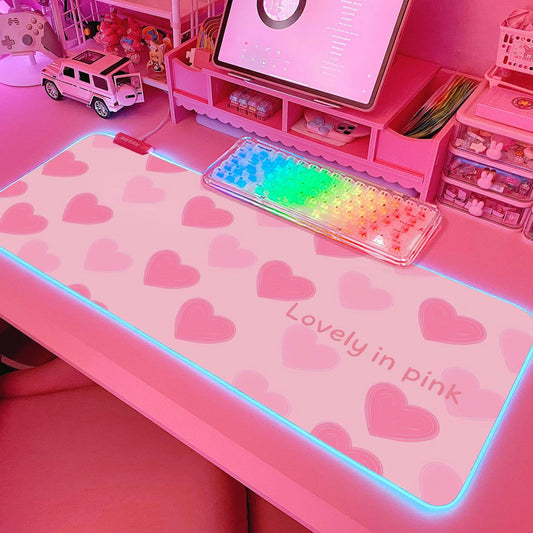 Pink Love Heart RGB Gaming Mouse Pad 31.5X12 Inch Cute Mousepad PC XL Large Extended Glowing Led Light up Desk Pad Non-Slip Rubber Base Computer Mat Desk Accessories Gaming Setup Sweet Hearts