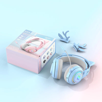 Bluetooth Headphones RGB Gaming Headphones for PC Microphone Surround Sound with Deer Ear Cat Ear Girl Gifts Glow Light Stereo