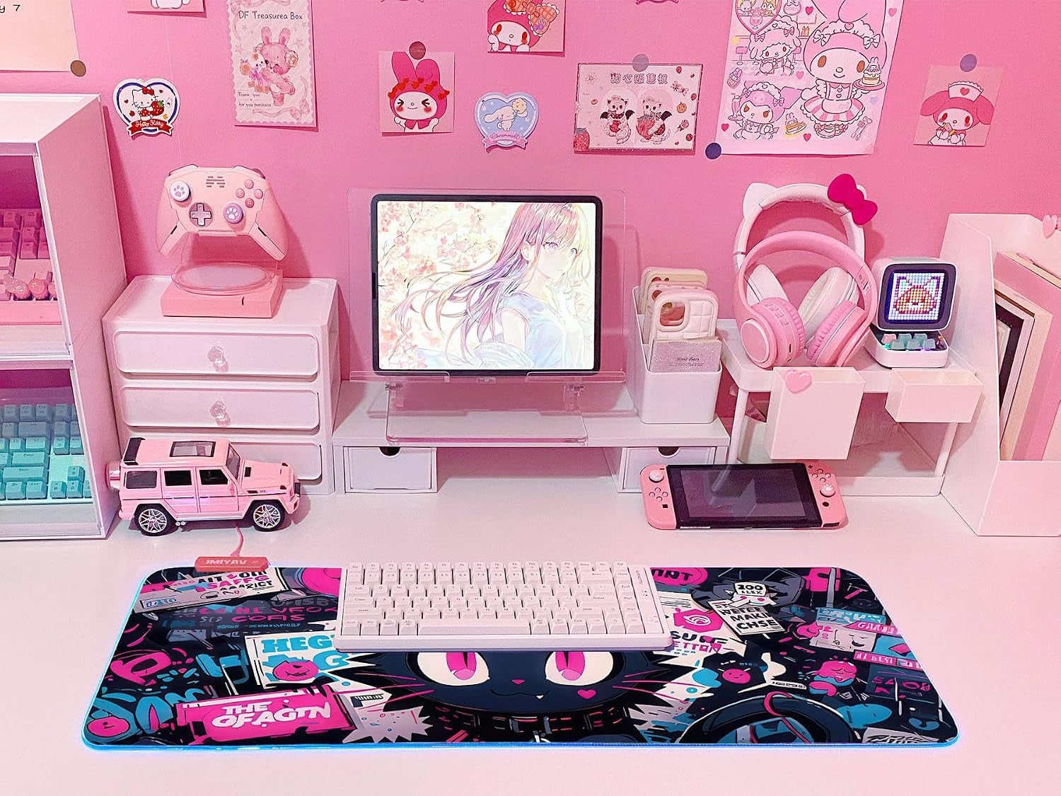 Pink RGB Gaming Mouse Pad 31.5X12 Inch PC XL Large Extended Glowing Led Light up Desk Pad Non-Slip Rubber Base Computer Cute Mousepad Mat Desk Accessories Gaming Setup Cyber Meow