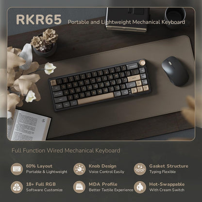 R65 Wired Gaming Keyboard with Volume Knob, 60% Percent RGB Backlit Mechanical Keyboard Gasket Mount with PBT Keycaps, MDA Profile, QMK/VIA, 66 Keys Hot Swappable Cream Switch, Black