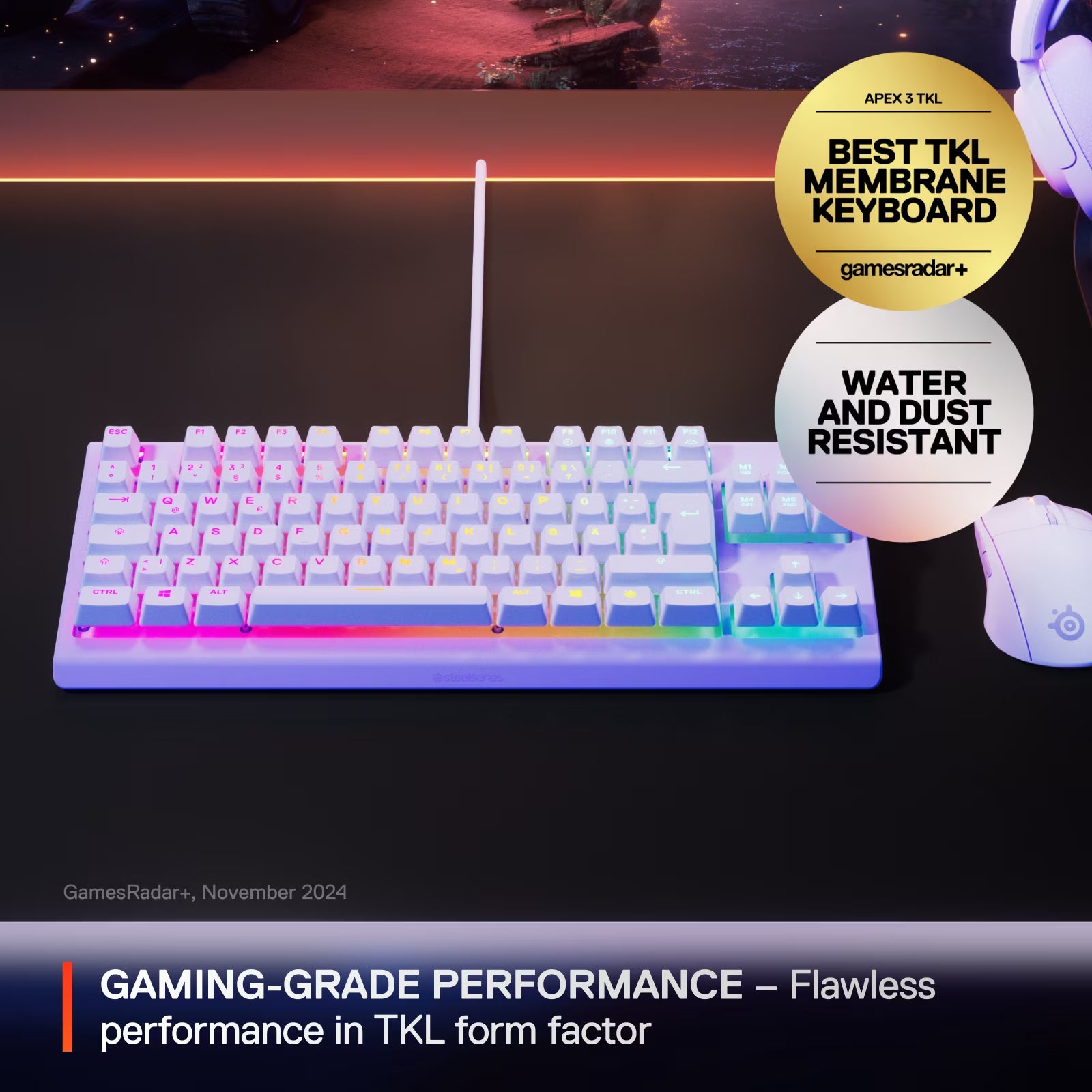 Apex 3 TKL Gaming Keyboard - Tenkeyless, RGB, Water & Dust Resistant - 8-Zone RGB Illumination — Whisper-Quiet Gaming Switch - Lavender