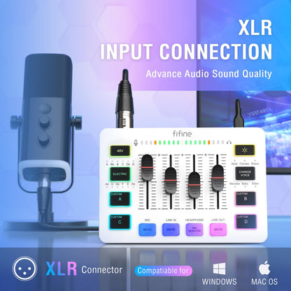 Gaming Microphone Bundle with RGB Audio Mixer, XLR Cable, Podcast Equipment Set for Streaming, Vocal, Voice-Over, Compatible with PC with Mute, Gain Knob, Headphones Monitor (AM8T+SC3W+L9)