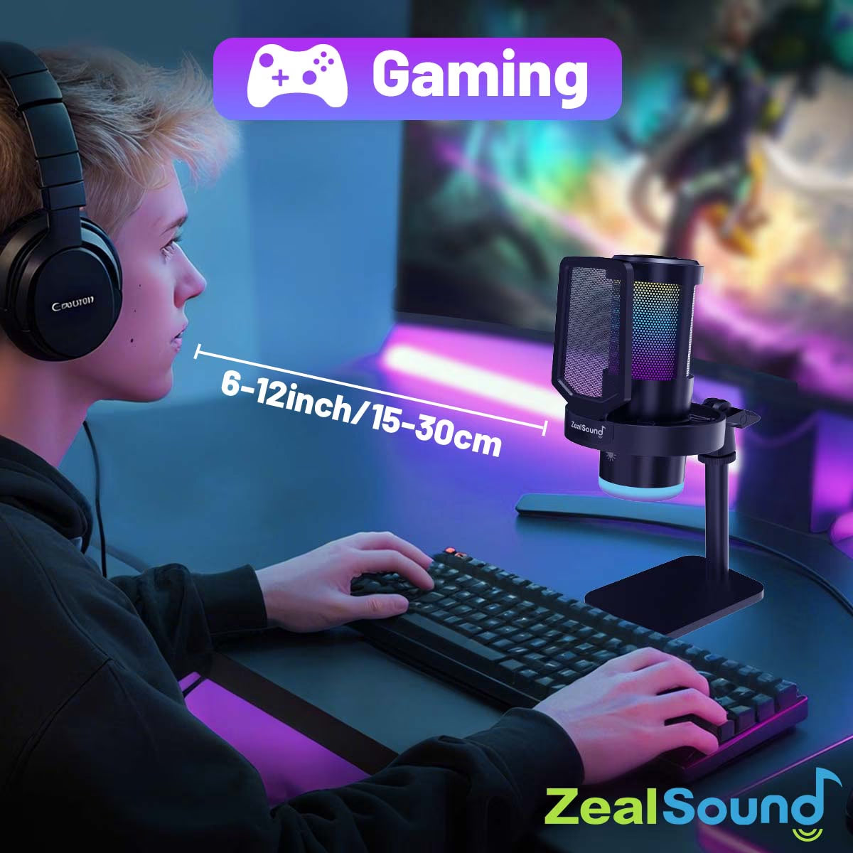 Gaming USB Microphone with RGB Light, Noise Cancelling, Echo and Mute Control, Plug & Play Condenser Mic for PC, Streaming, Podcast, and Recording on Mac & Window