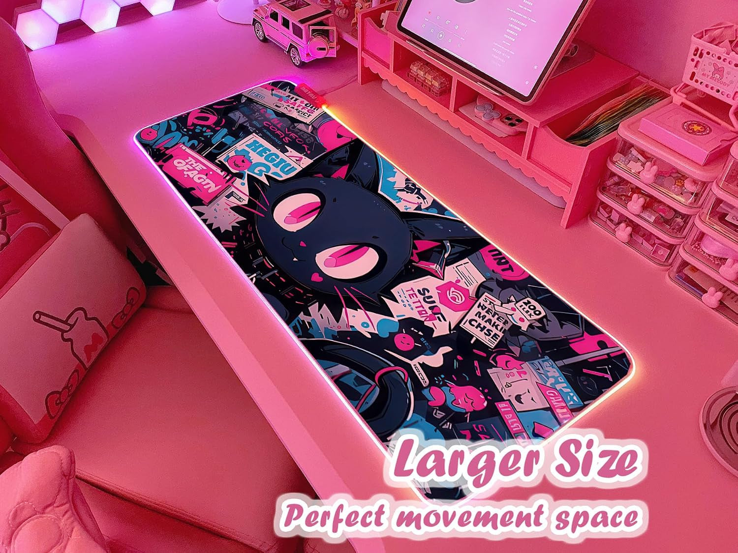 Pink RGB Gaming Mouse Pad 31.5X12 Inch PC XL Large Extended Glowing Led Light up Desk Pad Non-Slip Rubber Base Computer Cute Mousepad Mat Desk Accessories Gaming Setup Cyber Meow