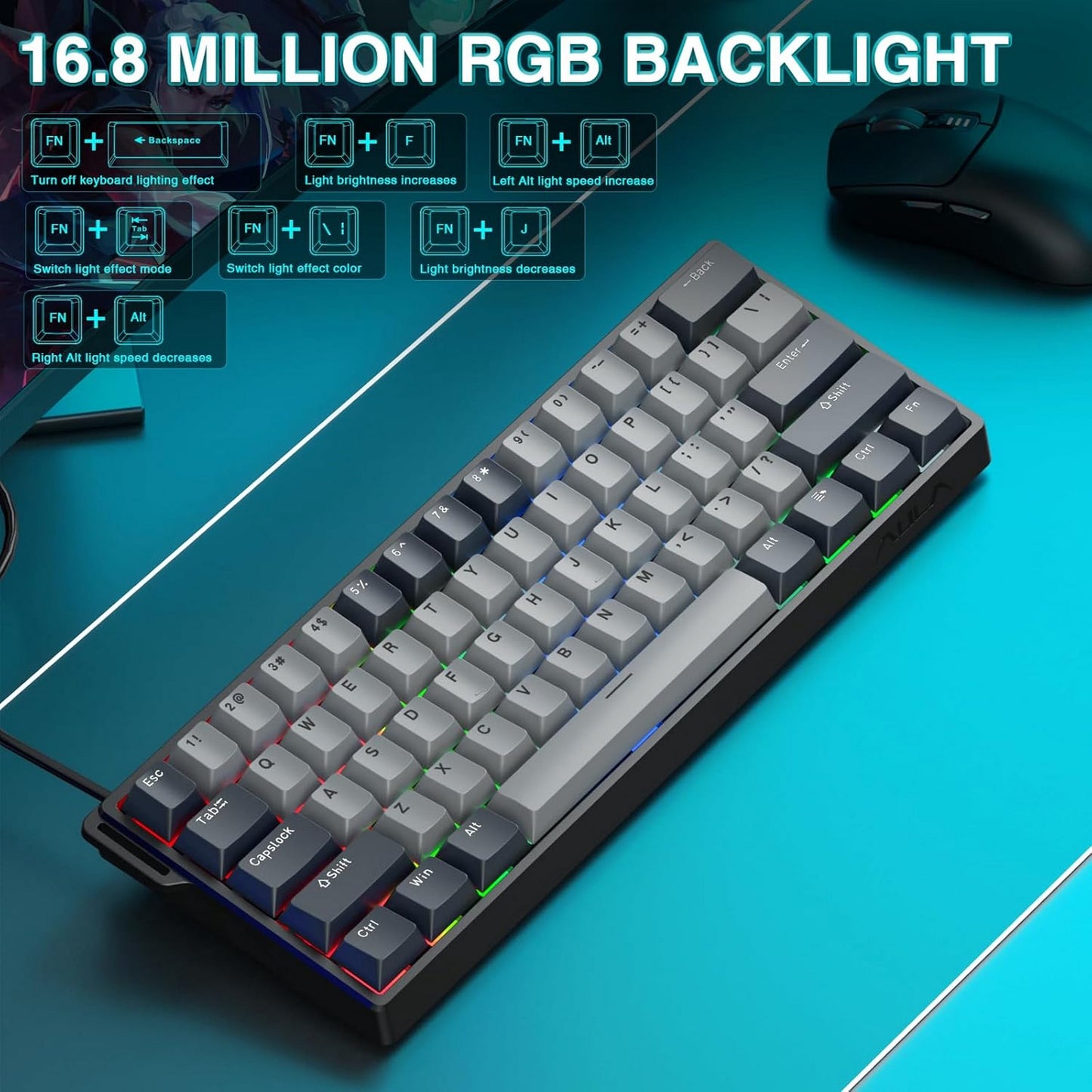 WIN60 HE 61-Key Wired Hall Effect Magnetic 60% Gaming Keyboard, RGB, Instant Commands, 60% Compact Design, Near-Zero Delay, Custom Actuation, Rapid Response - Grey/Black