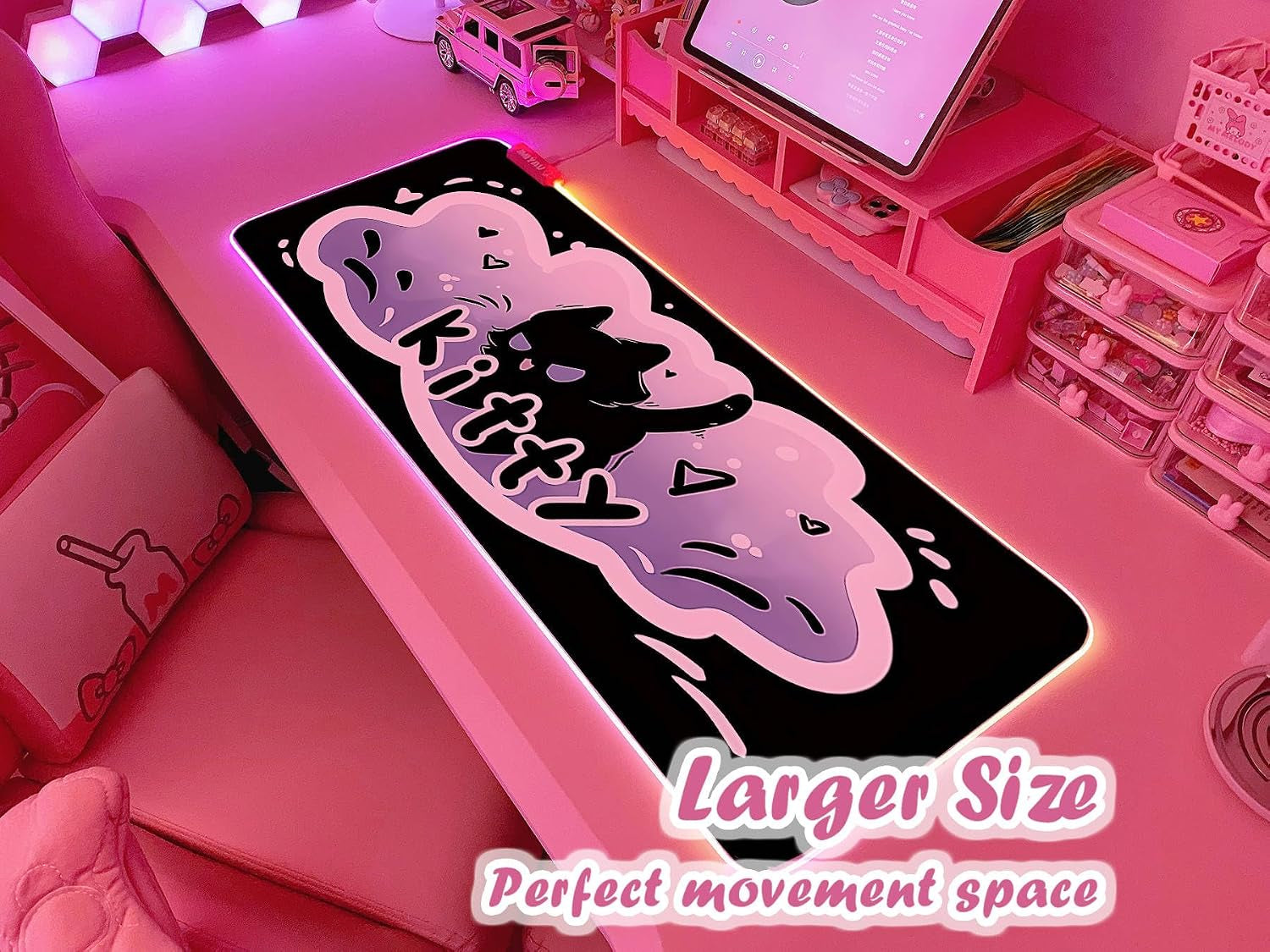 Pink RGB Gaming Mouse Pad 31.5X12 Inch PC XL Large Extended Glowing Led Light up Desk Pad Non-Slip Rubber Base Computer Cute Mousepad Mat Desk Accessories Gaming Setup Krazy Kitty