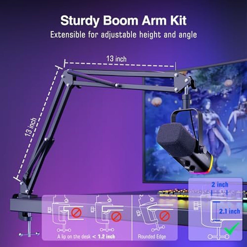 Gaming Microphone Bundle with RGB Audio Mixer, XLR Cable, Podcast Equipment Set for Streaming, Vocal, Voice-Over, Compatible with PC with Mute, Gain Knob, Headphones Monitor (AM8T+SC3W+L9)