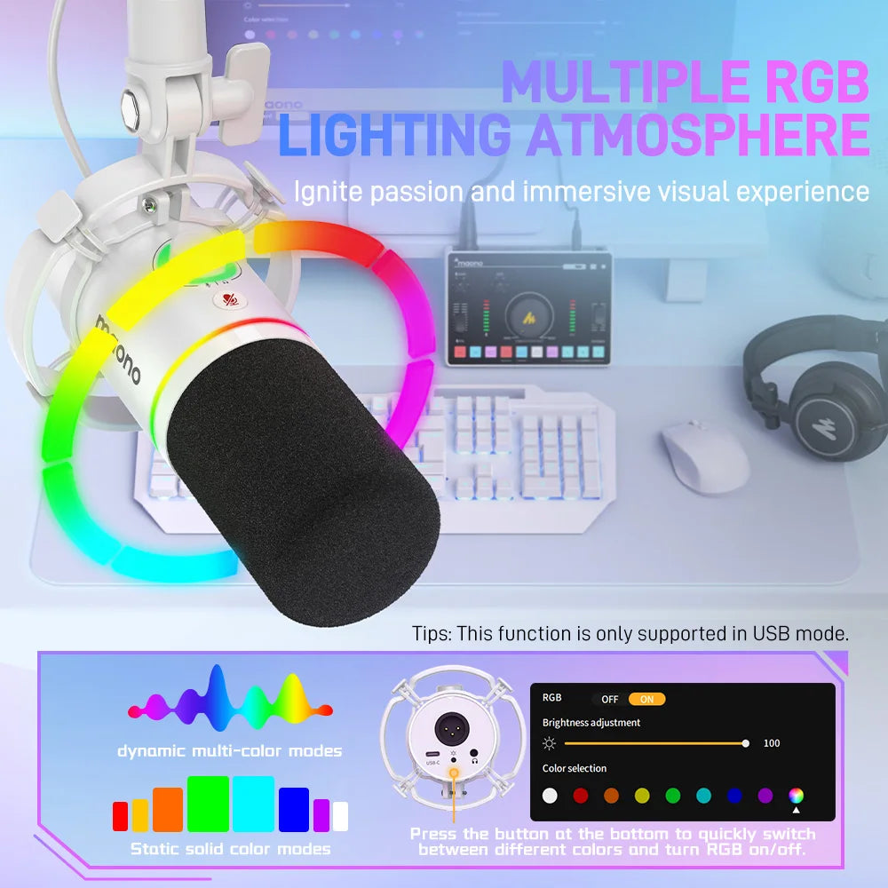 PD200X RGB Gaming Microphone Dynamic Microphone USB/XLR Dual Mode Microphone Podcast Mic RGB XLR/USB Gaming Podcasting Mic