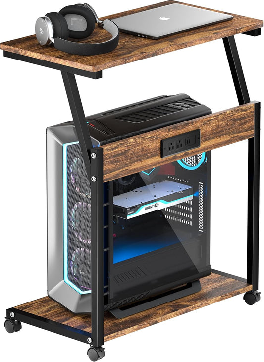 Computer Tower Stand with Charging Station, PC Cart, Rustic Brown