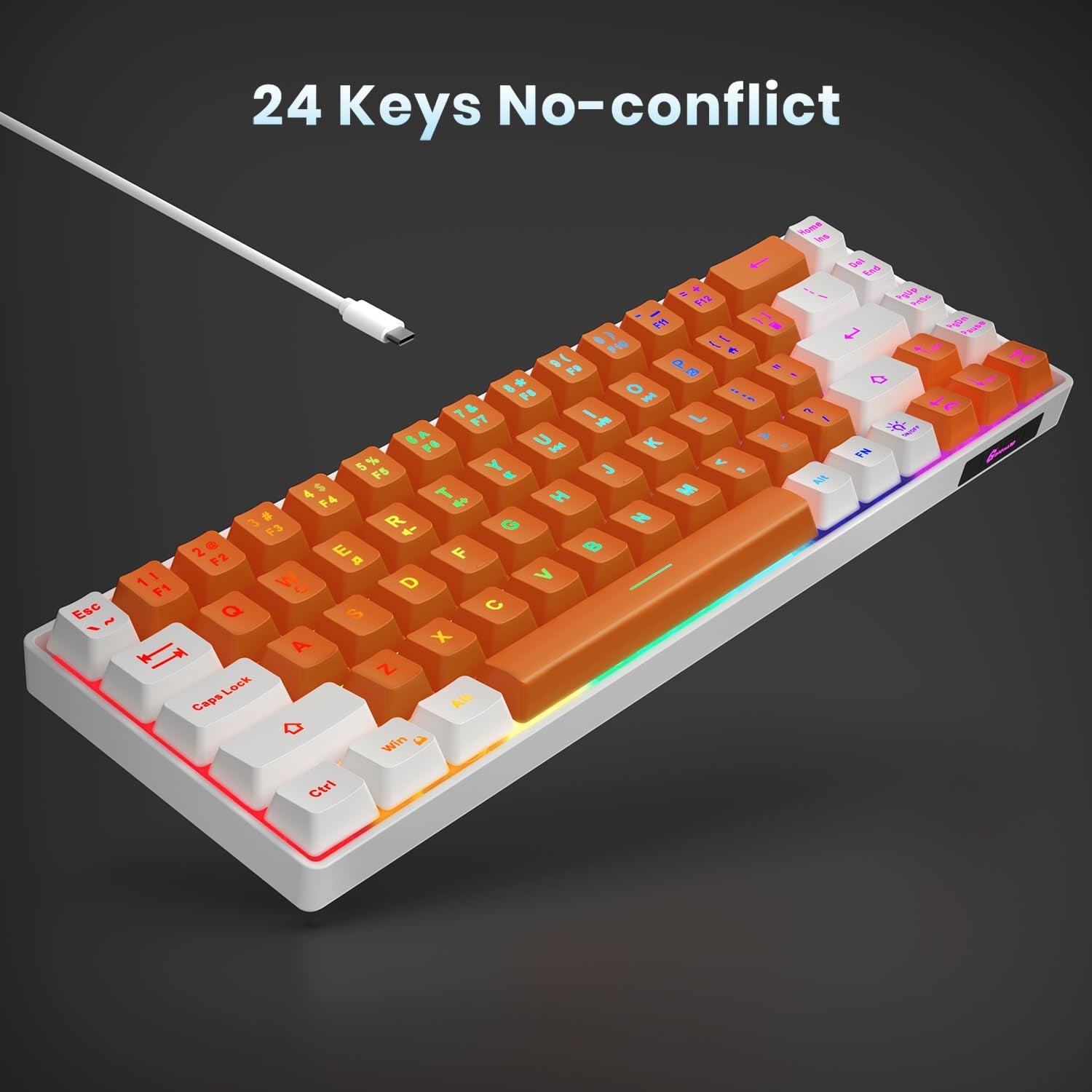 65% Gaming Keyboard, LED Backlit Mini Wired Keyboard, Ultra-Compact Anti-Ghosting No-Conflict 68 Keys Membrane Gaming Wired Keyboard for PC Laptop Windows Gamer(Orange-White)