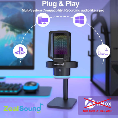 Gaming USB Microphone with RGB Light, Noise Cancelling, Echo and Mute Control, Plug & Play Condenser Mic for PC, Streaming, Podcast, and Recording on Mac & Window