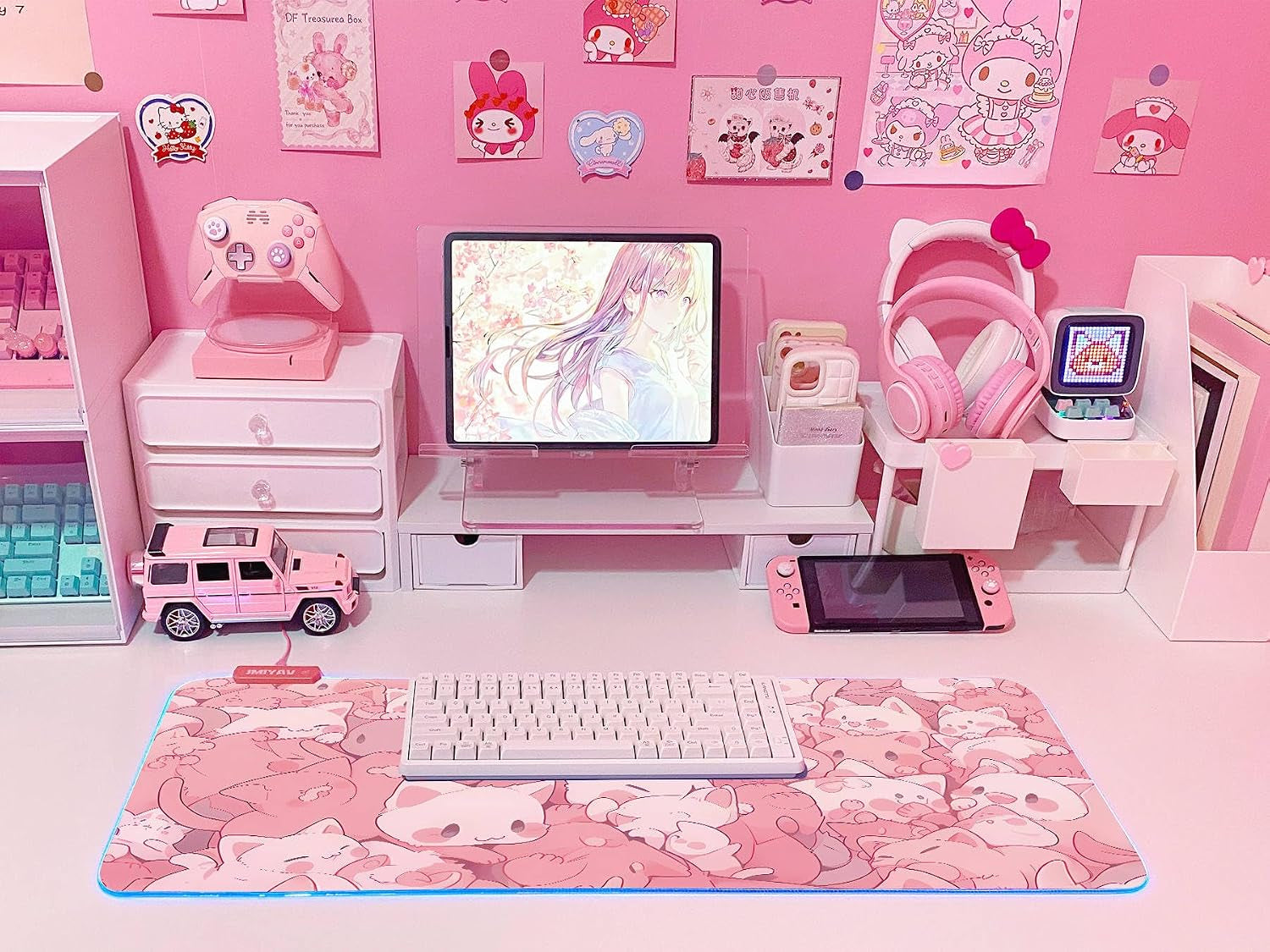 Pink RGB Gaming Mouse Pad 31.5X12 Inch PC XL Large Extended Glowing Led Light up Desk Pad Non-Slip Rubber Base Computer Cute Mousepad Mat Desk Accessories Gaming Setup Dreamy Cats