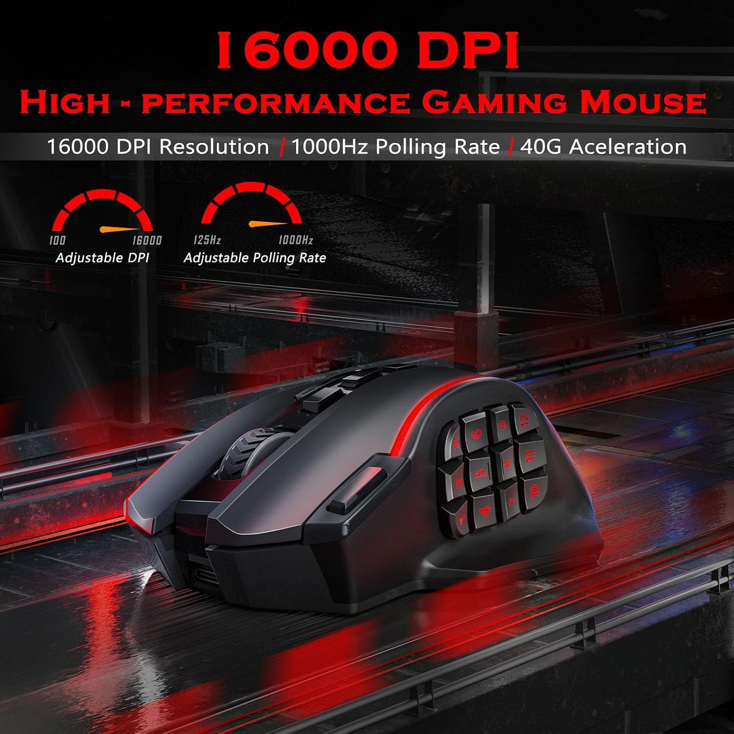 Wireless Gaming Mouse, MMO Gaming Mouse up 16,000 DPI, 16 Macro Programmable Buttons, RGB Rechargeable with 12 Side Buttons, 70Hrs for PC Laptop MOBA FPS, M901P-KS