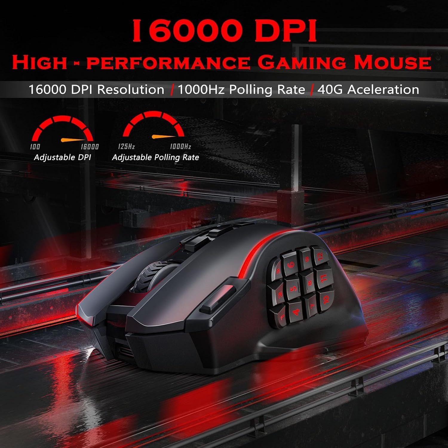 Wireless Gaming Mouse, MMO Gaming Mouse up 16,000 DPI, 16 Macro Programmable Buttons, RGB Rechargeable with 12 Side Buttons, 70Hrs for PC Laptop MOBA FPS, M901P-KS