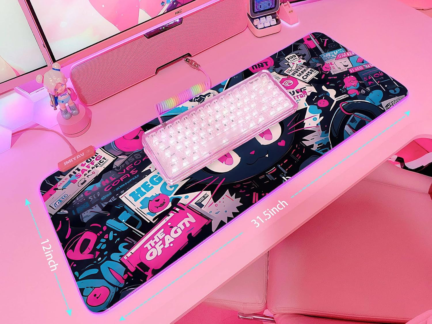 Pink RGB Gaming Mouse Pad 31.5X12 Inch PC XL Large Extended Glowing Led Light up Desk Pad Non-Slip Rubber Base Computer Cute Mousepad Mat Desk Accessories Gaming Setup Cyber Meow