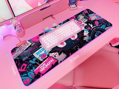 Pink RGB Gaming Mouse Pad 31.5X12 Inch PC XL Large Extended Glowing Led Light up Desk Pad Non-Slip Rubber Base Computer Cute Mousepad Mat Desk Accessories Gaming Setup Cyber Meow