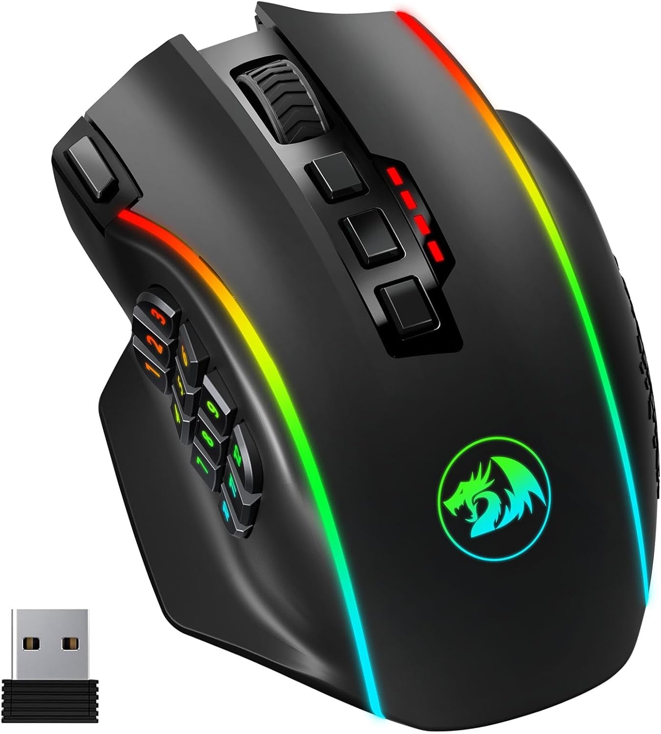 Wireless Gaming Mouse, MMO Gaming Mouse up 16,000 DPI, 16 Macro Programmable Buttons, RGB Rechargeable with 12 Side Buttons, 70Hrs for PC Laptop MOBA FPS, M901P-KS