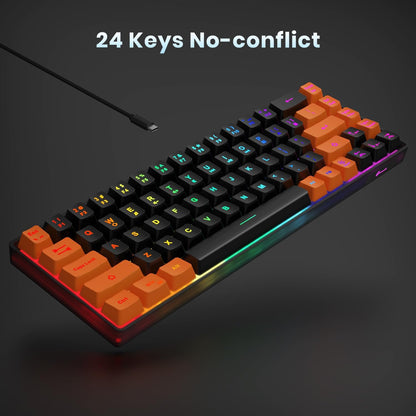 65% Gaming Keyboard, LED Backlit Mini Wired Keyboard, Ultra-Compact Anti-Ghosting No-Conflict 68 Keys Membrane Gaming Wired Keyboard for PC Laptop Windows Gamer(Black-Orange)