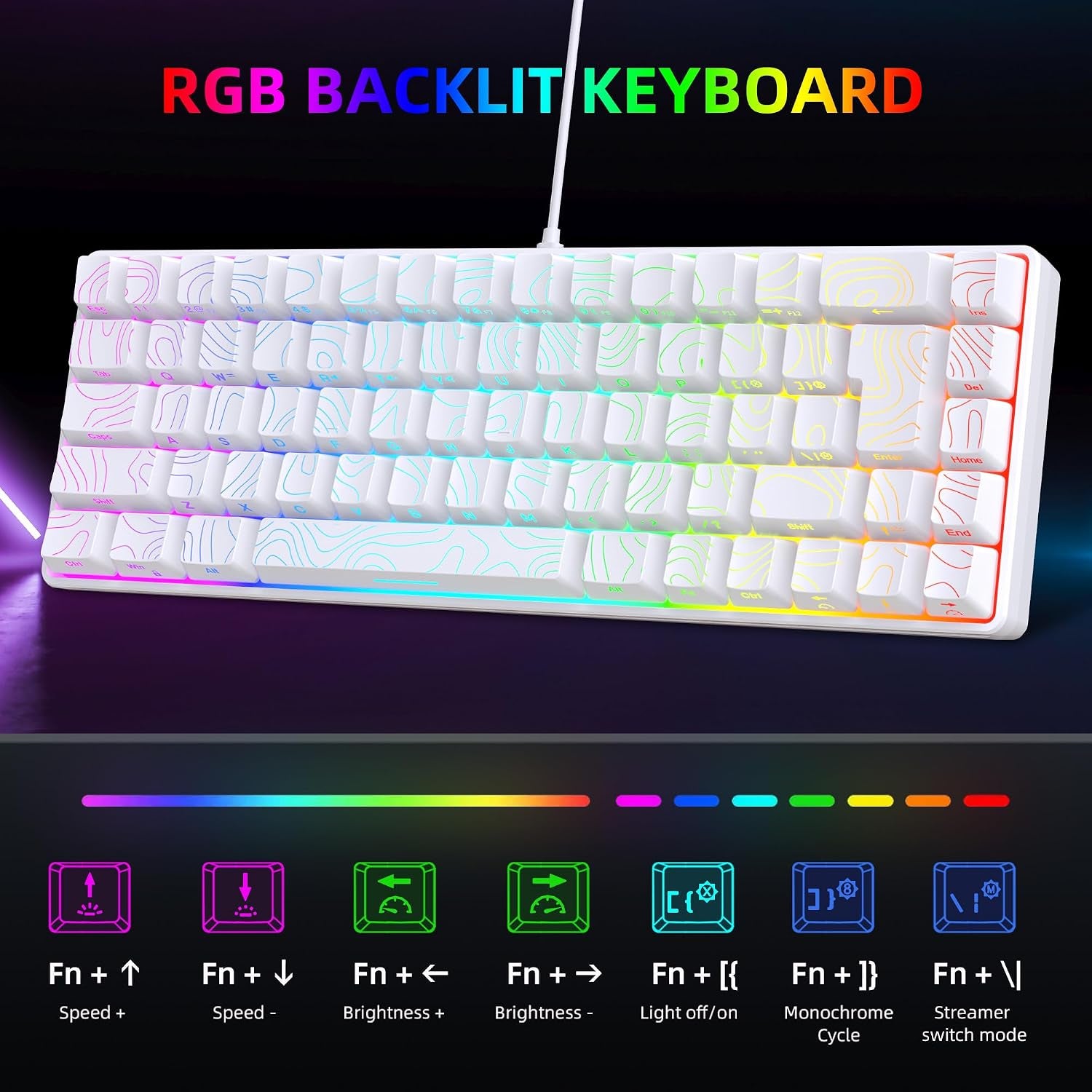 65% Wired Gaming Keyboard, 68 Keys RGB (Contour-Line, White)