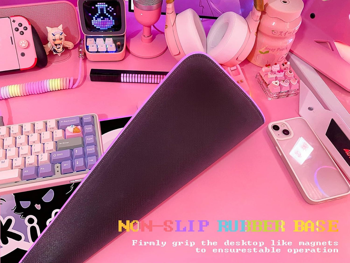 Pink RGB Gaming Mouse Pad 31.5X12 Inch PC XL Large Extended Glowing Led Light up Desk Pad Non-Slip Rubber Base Computer Cute Mousepad Mat Desk Accessories Gaming Setup Krazy Kitty