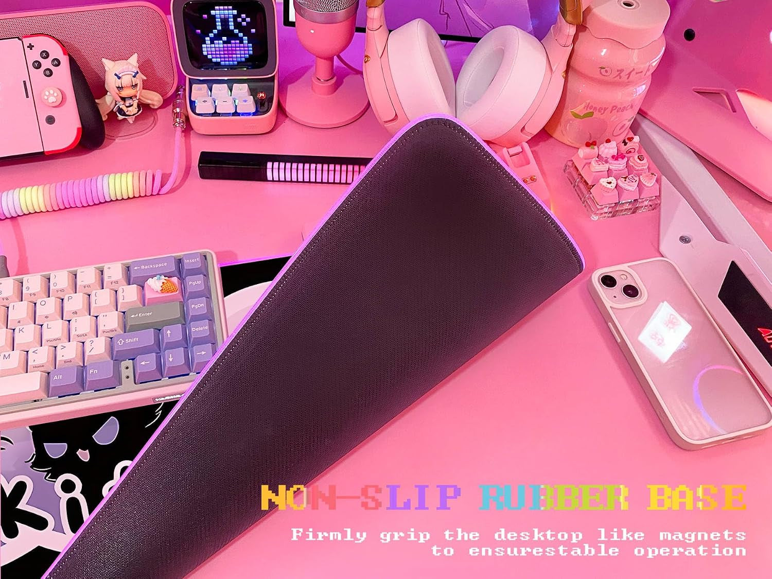 Pink RGB Gaming Mouse Pad 31.5X12 Inch PC XL Large Extended Glowing Led Light up Desk Pad Non-Slip Rubber Base Computer Cute Mousepad Mat Desk Accessories Gaming Setup Krazy Kitty