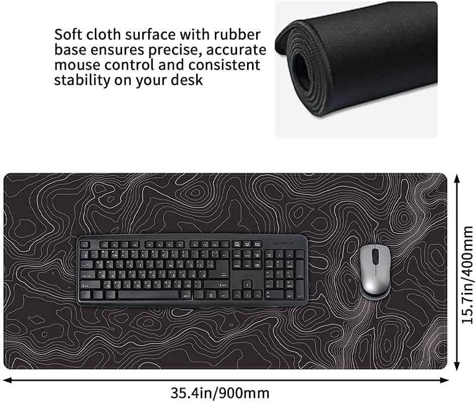Black Topographic Desk Mat, Large Gaming Mouse Pad 35.4X15.7In