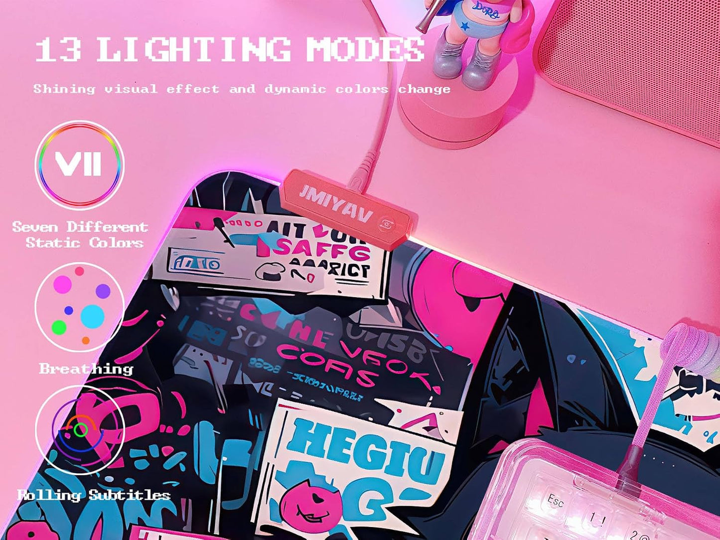 Pink RGB Gaming Mouse Pad 31.5X12 Inch PC XL Large Extended Glowing Led Light up Desk Pad Non-Slip Rubber Base Computer Cute Mousepad Mat Desk Accessories Gaming Setup Cyber Meow