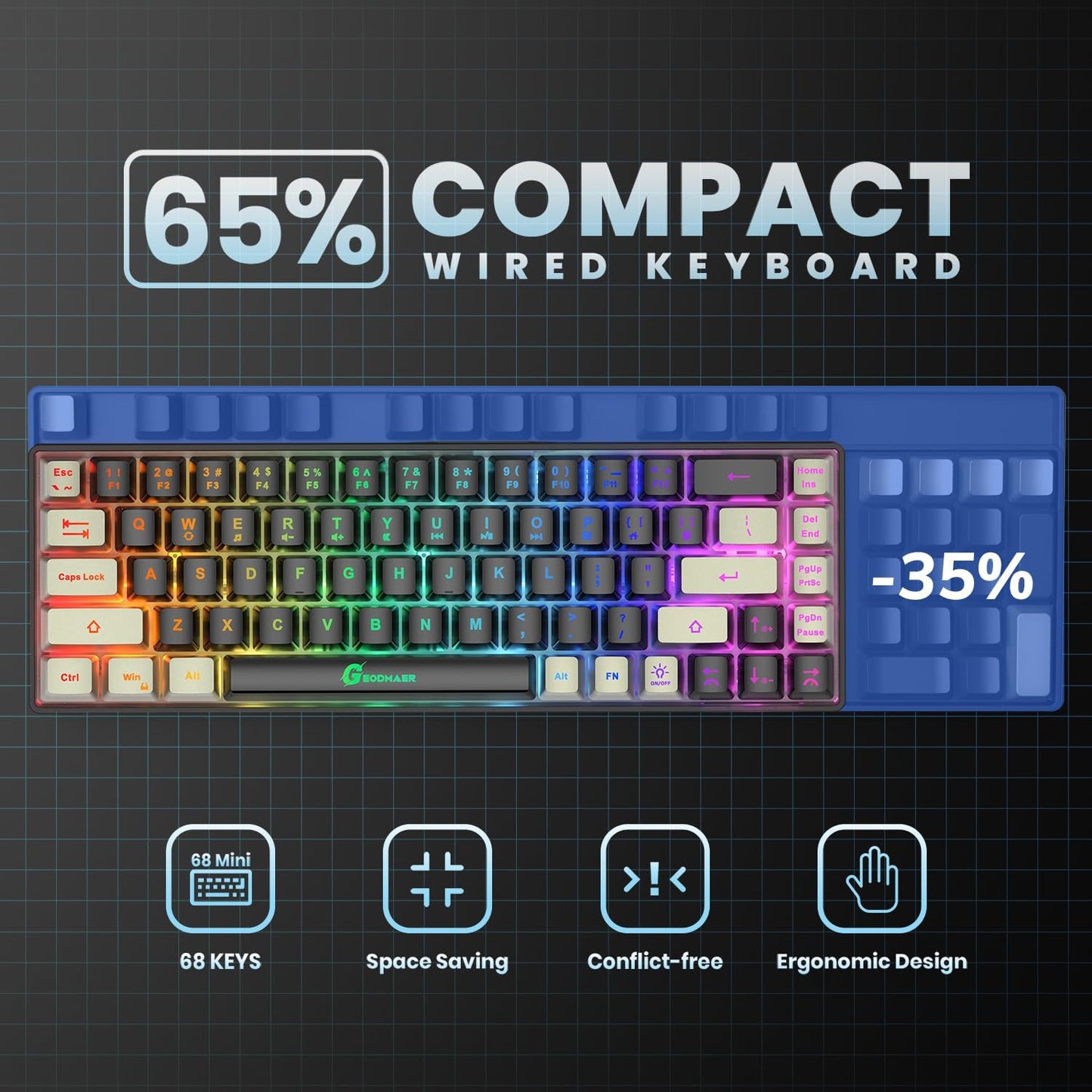 65% Gaming Keyboard, LED Backlit Mini Wired Gaming Keyboard, Ultra-Compact Anti-Ghosting No-Conflict 68 Keys Gaming Wired Keyboard for PC Laptop Gamer