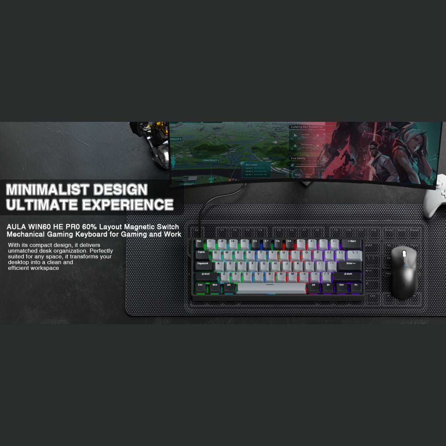 WIN60 HE 61-Key Wired Hall Effect Magnetic 60% Gaming Keyboard, RGB, Instant Commands, 60% Compact Design, Near-Zero Delay, Custom Actuation, Rapid Response - Grey/Black