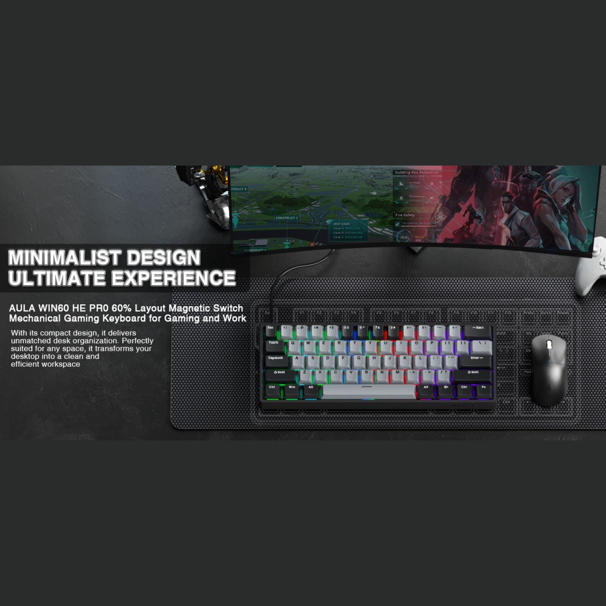 WIN60 HE 61-Key Wired Hall Effect Magnetic 60% Gaming Keyboard, RGB, Instant Commands, 60% Compact Design, Near-Zero Delay, Custom Actuation, Rapid Response - Grey/Black