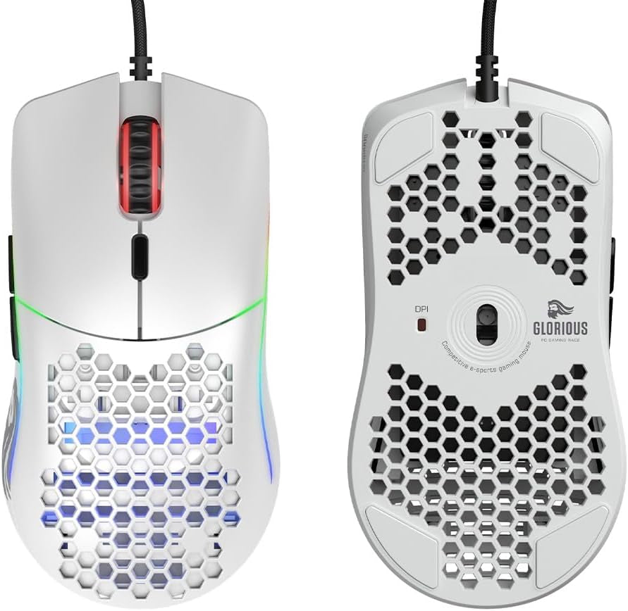 Model O- (Minus) Compact Wired Gaming Mouse - 58G Superlight Honeycomb Design, RGB, Pixart 3360 Sensor, Ambidextrous, Omron Switches - Matte White