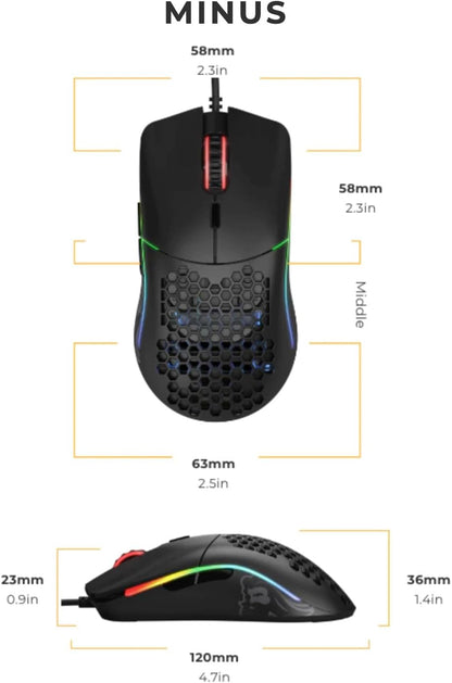 Model O- (Minus) Compact Wired Gaming Mouse - 58G Superlight Honeycomb Design, RGB, Pixart 3360 Sensor, Ambidextrous, Omron Switches - Matte Black