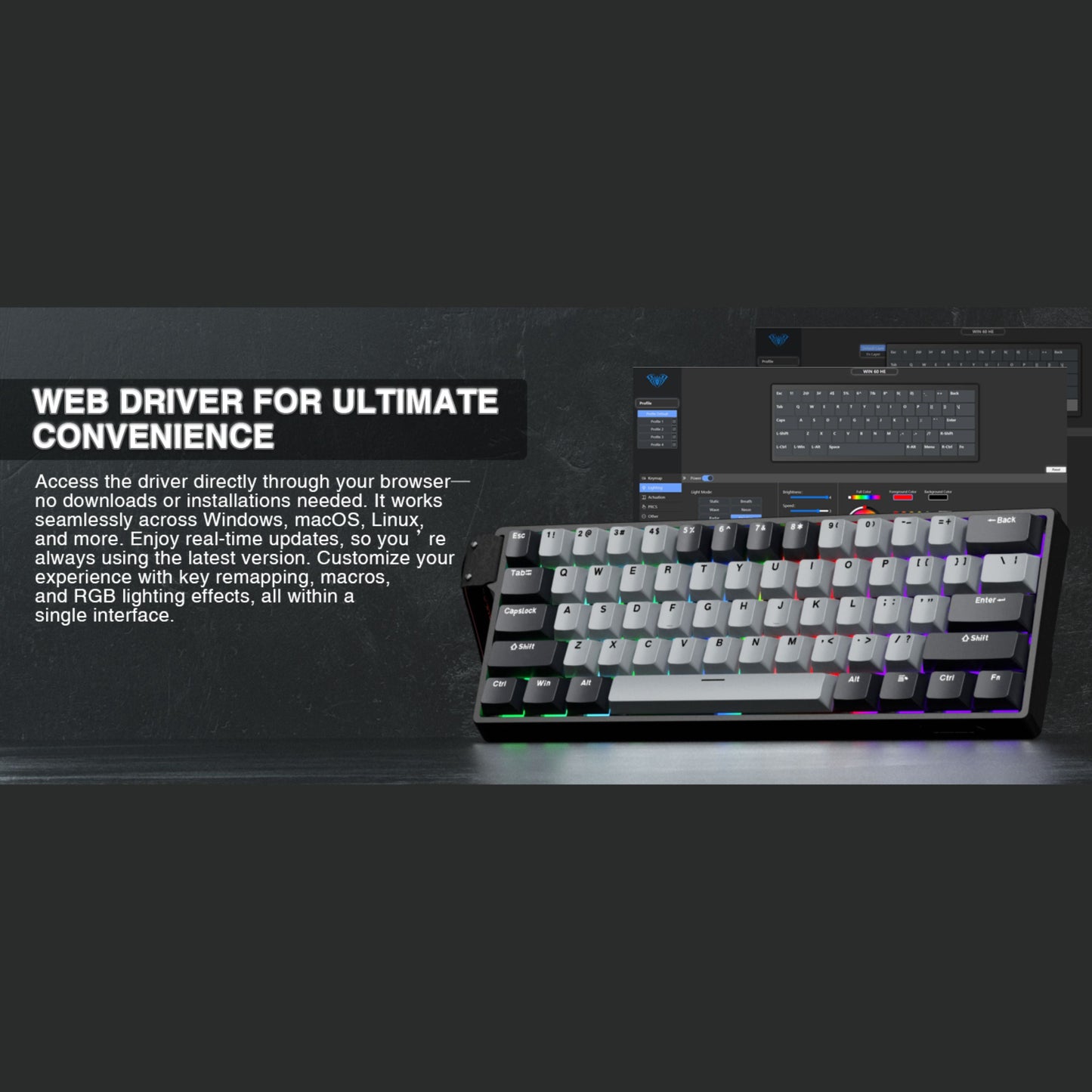 WIN60 HE 61-Key Wired Hall Effect Magnetic 60% Gaming Keyboard, RGB, Instant Commands, 60% Compact Design, Near-Zero Delay, Custom Actuation, Rapid Response - Grey/Black