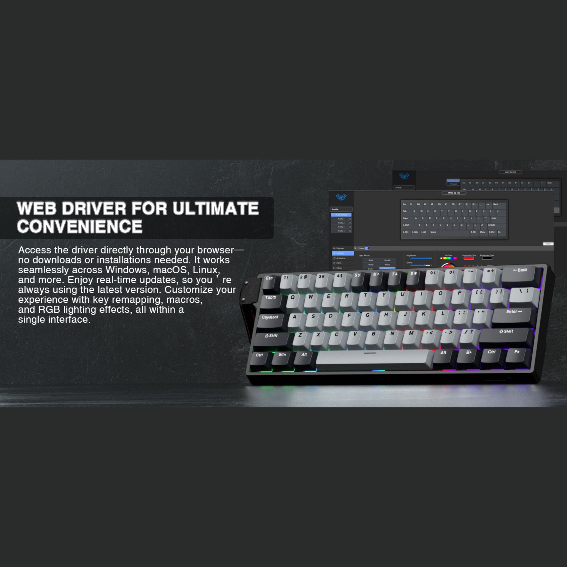 WIN60 HE 61-Key Wired Hall Effect Magnetic 60% Gaming Keyboard, RGB, Instant Commands, 60% Compact Design, Near-Zero Delay, Custom Actuation, Rapid Response - Grey/Black