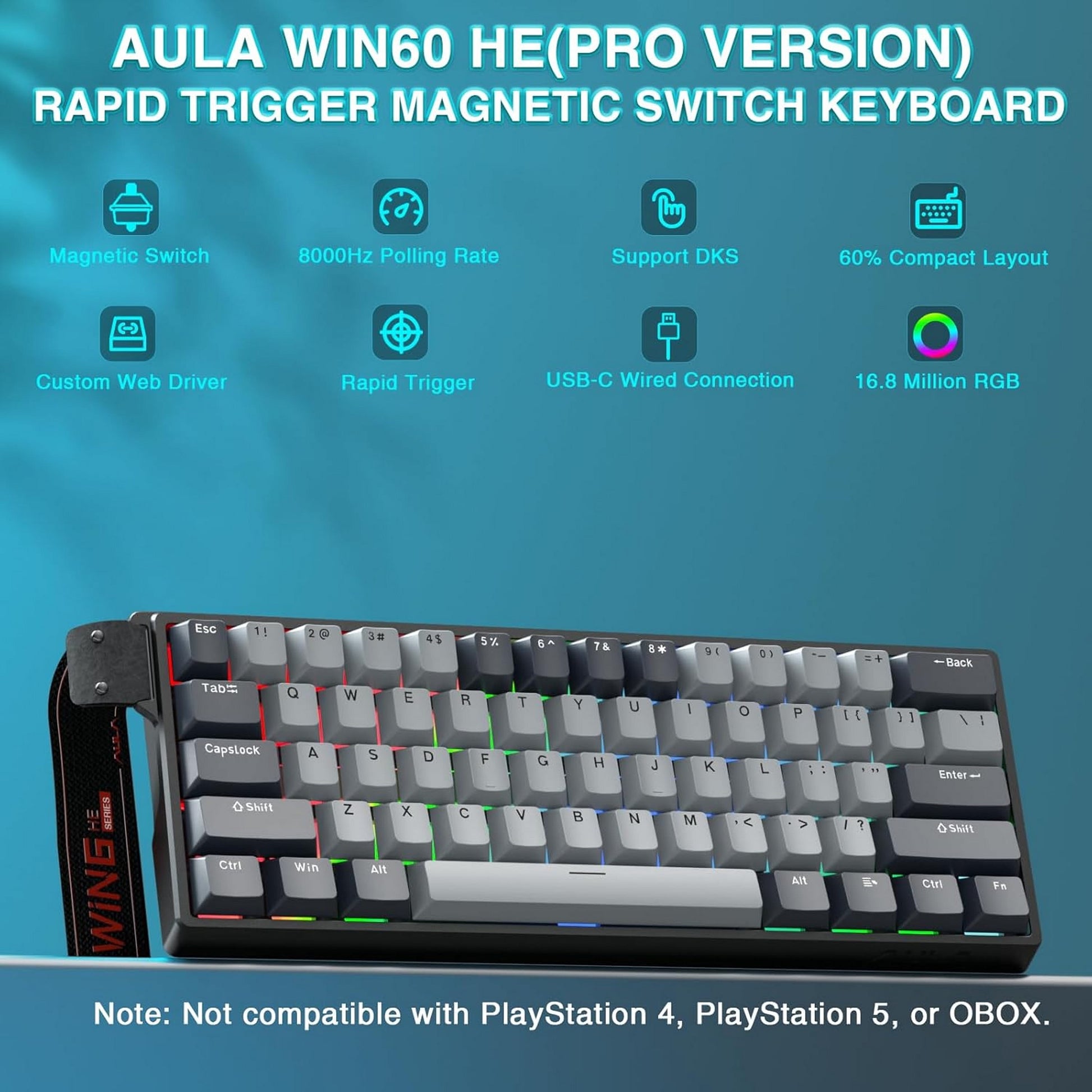 WIN60 HE 61-Key Wired Hall Effect Magnetic 60% Gaming Keyboard, RGB, Instant Commands, 60% Compact Design, Near-Zero Delay, Custom Actuation, Rapid Response - Grey/Black