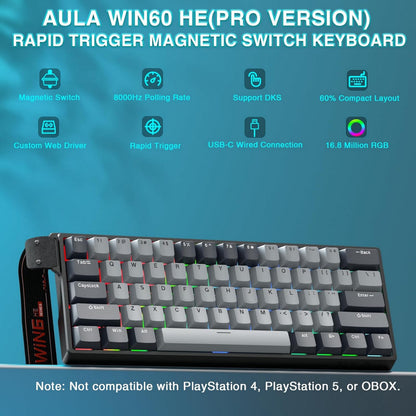 WIN60 HE 61-Key Wired Hall Effect Magnetic 60% Gaming Keyboard, RGB, Instant Commands, 60% Compact Design, Near-Zero Delay, Custom Actuation, Rapid Response - Grey/Black