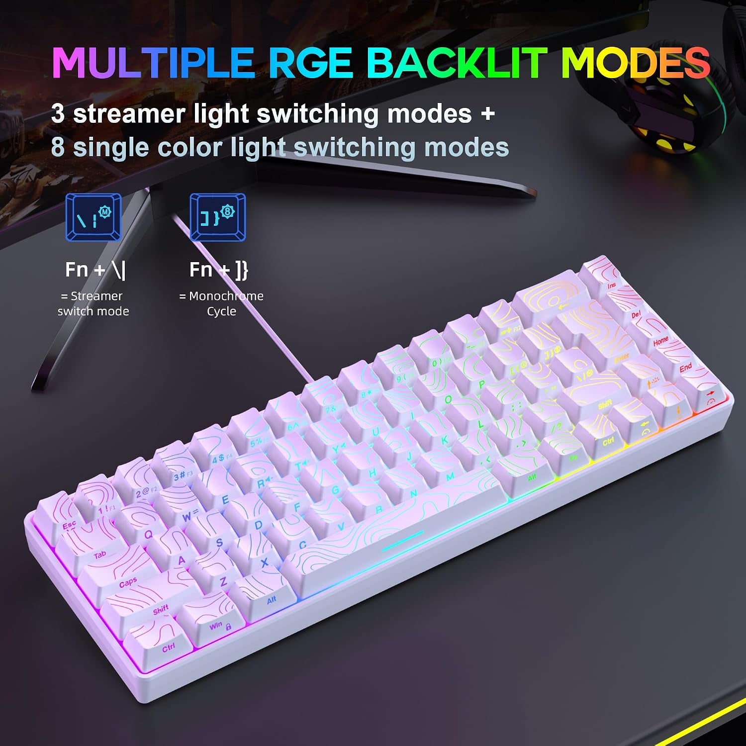 65% Wired Gaming Keyboard, 68 Keys RGB (Contour-Line, White)