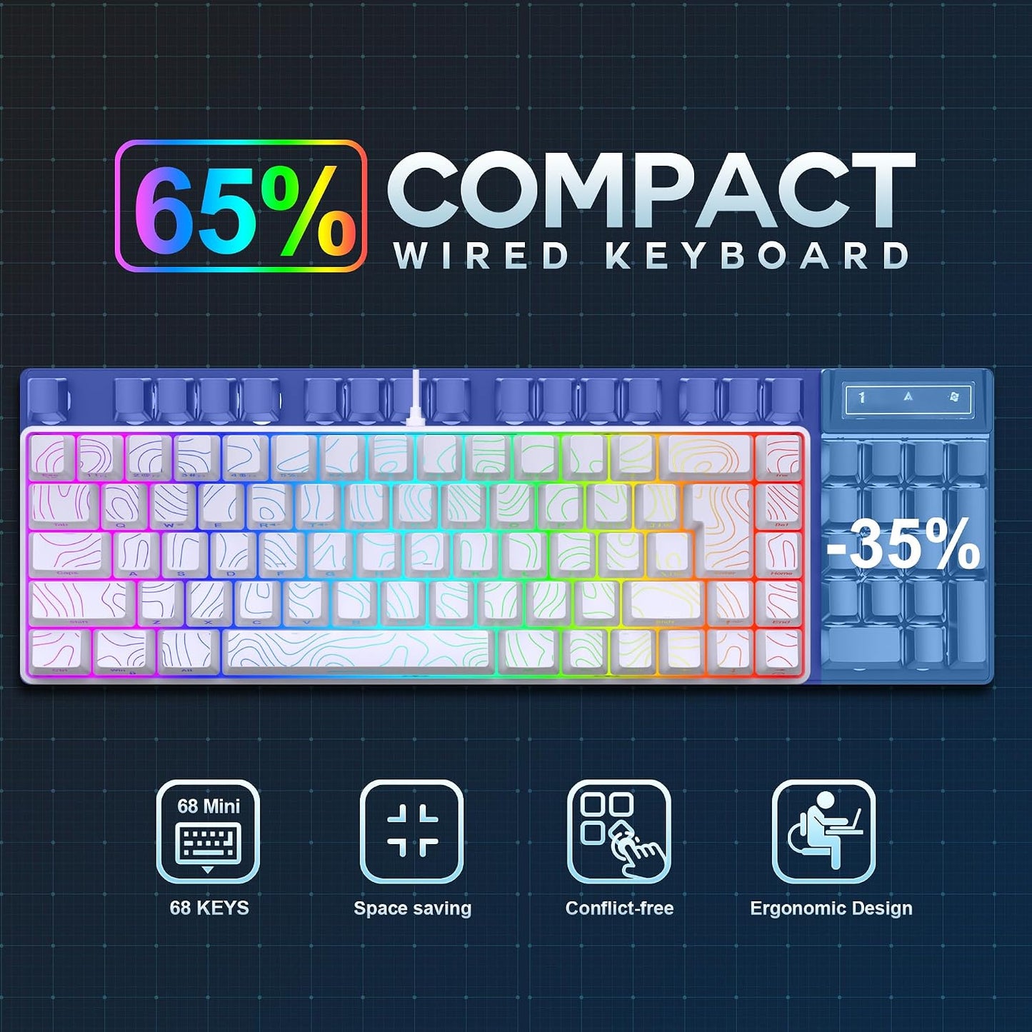 65% Wired Gaming Keyboard, 68 Keys RGB (Contour-Line, White)