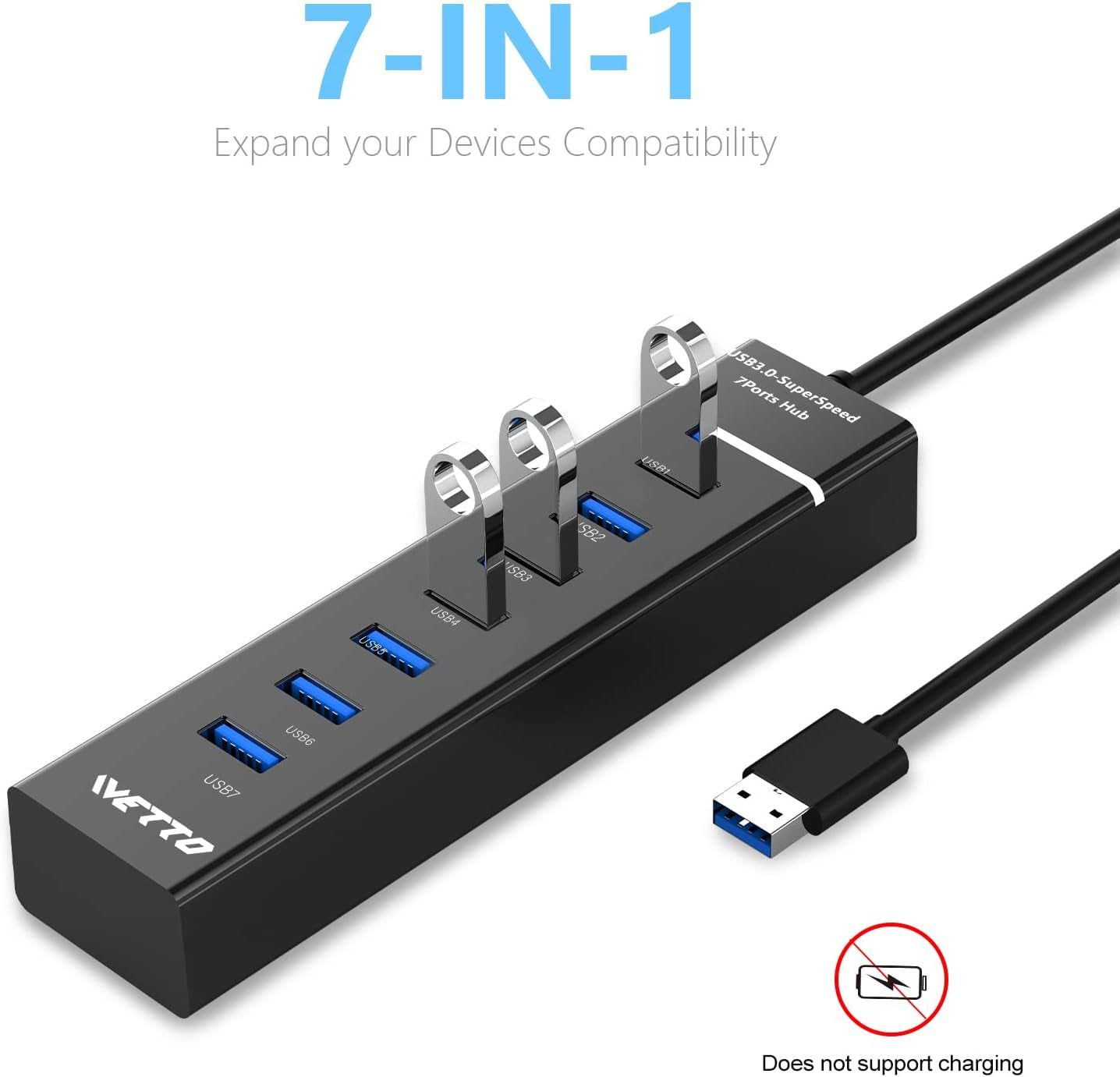 7-Port USB 3.0 Hub,  Data USB Hub Splitter with 3.3Ft Long Cable for Laptop, PC, Macbook, Mac Pro, Mac Mini, Imac, Surface Pro and More