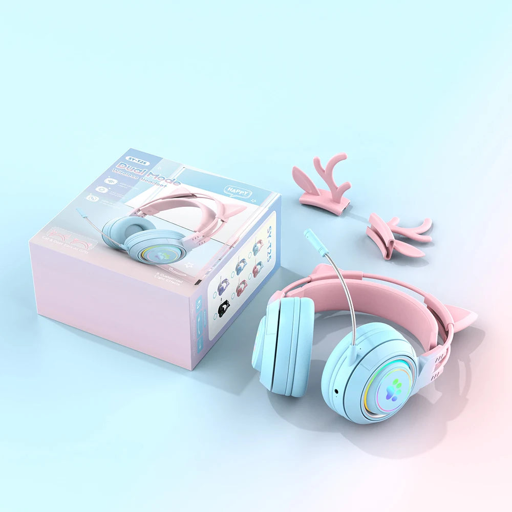 Bluetooth Headphones RGB Gaming Headphones for PC Microphone Surround Sound with Deer Ear Cat Ear Girl Gifts Glow Light Stereo