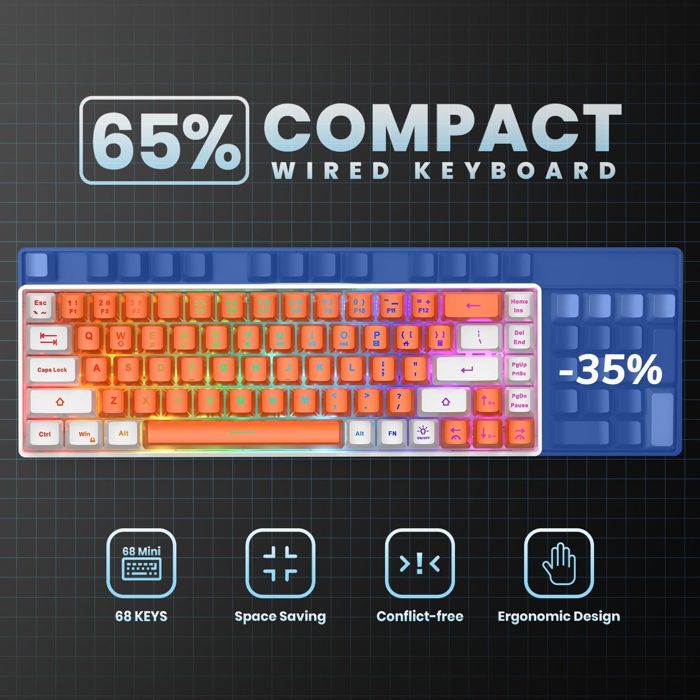 65% Gaming Keyboard, LED Backlit Mini Wired Keyboard, Ultra-Compact Anti-Ghosting No-Conflict 68 Keys Membrane Gaming Wired Keyboard for PC Laptop Windows Gamer(Orange-White)