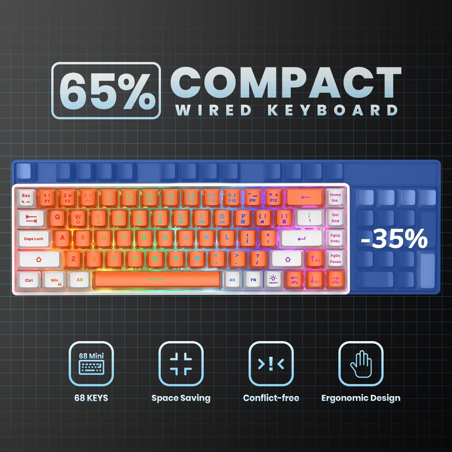 65% Gaming Keyboard, LED Backlit Mini Wired Keyboard, Ultra-Compact Anti-Ghosting No-Conflict 68 Keys Membrane Gaming Wired Keyboard for PC Laptop Windows Gamer(Orange-White)