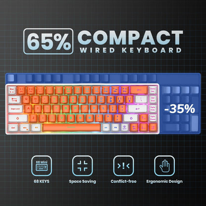65% Gaming Keyboard, LED Backlit Mini Wired Keyboard, Ultra-Compact Anti-Ghosting No-Conflict 68 Keys Membrane Gaming Wired Keyboard for PC Laptop Windows Gamer(Orange-White)