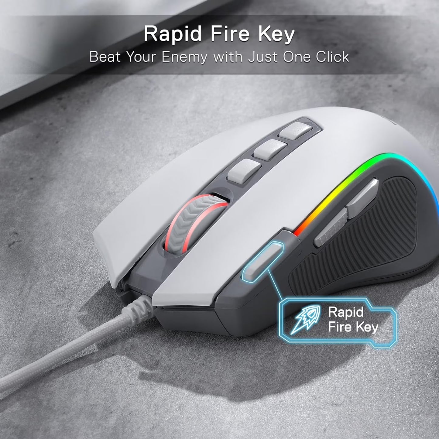 M612 RGB Gaming Mouse, 8000 DPI Wired Optical Gamer Mouse with 9 Programmable Buttons & 5 Backlit Modes, Software Supports DIY Keybinds Rapid Fire Button, Gray&White