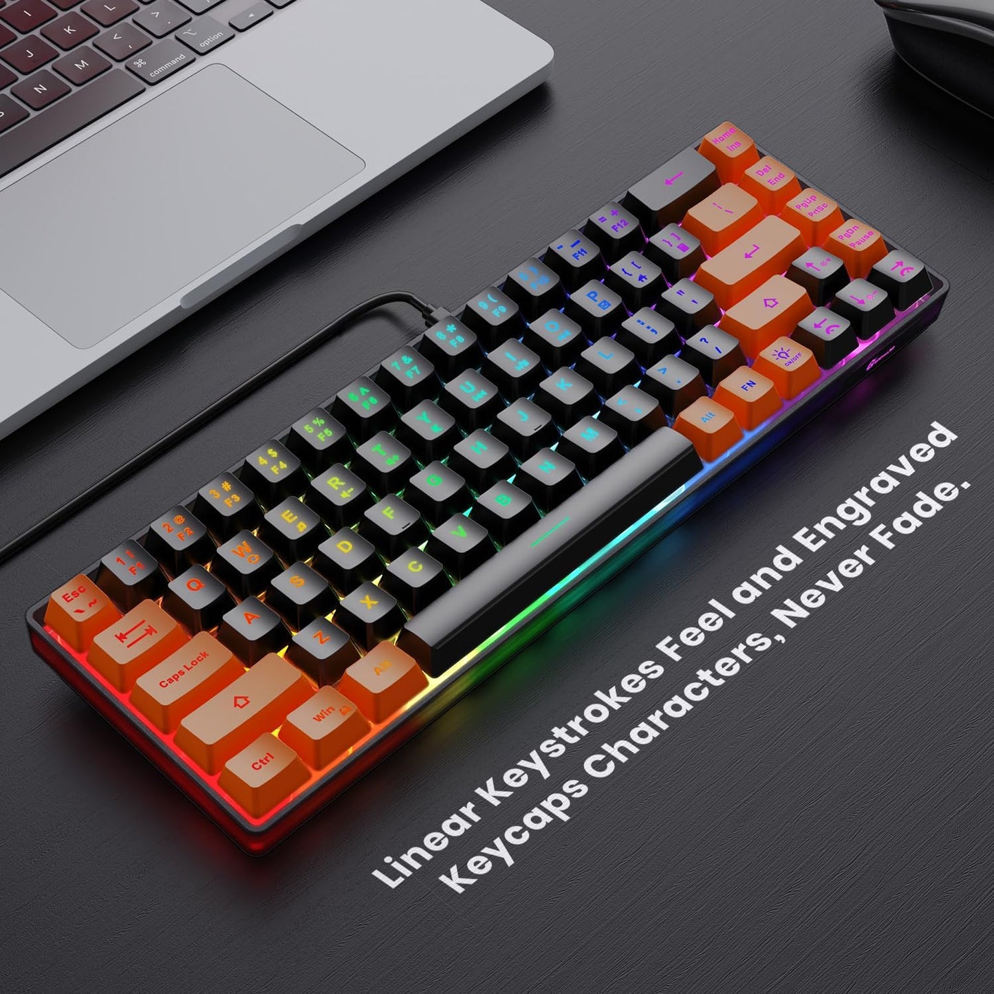 65% Gaming Keyboard, LED Backlit Mini Wired Keyboard, Ultra-Compact Anti-Ghosting No-Conflict 68 Keys Membrane Gaming Wired Keyboard for PC Laptop Windows Gamer(Black-Orange)