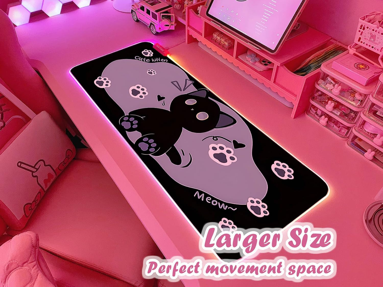 Pink RGB Gaming Mouse Pad 31.5X12 Inch PC XL Large Extended Glowing Led Light up Desk Pad Non-Slip Rubber Base Computer Cute Mousepad Mat Desk Accessories Gaming Setup Starry Mood