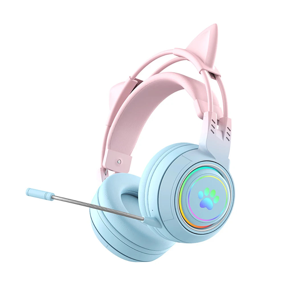 Bluetooth Headphones RGB Gaming Headphones for PC Microphone Surround Sound with Deer Ear Cat Ear Girl Gifts Glow Light Stereo